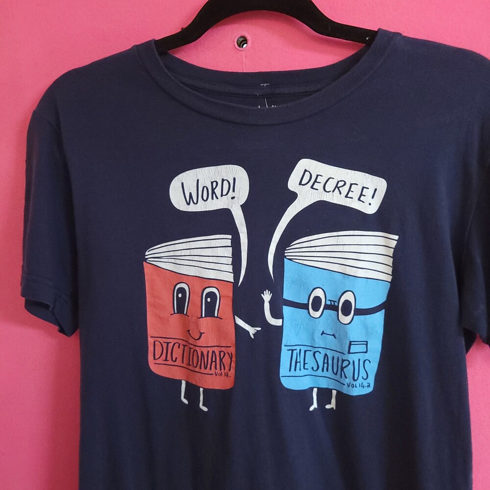 Threadless Small Navy Cotton T-Shirt Cartoon Dictionary Thesaurus Print